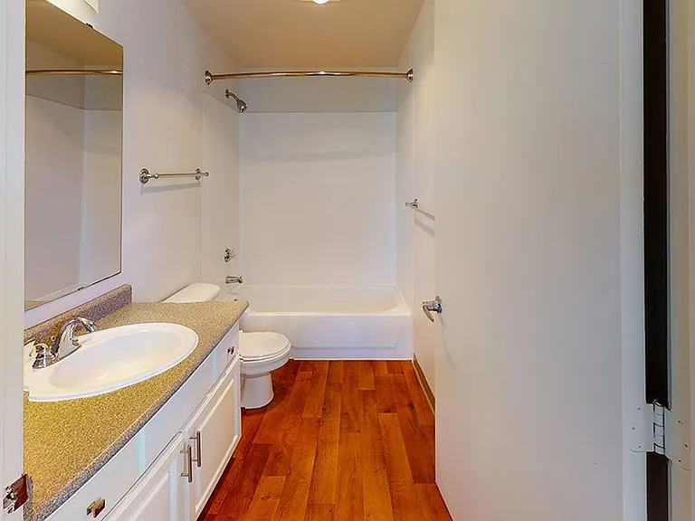 Apartment bathroom with wood-style flooring.