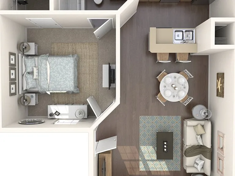 Explore this stylish one-bedroom layout offering comfort and modern design. Explore this stylish one-bedroom layout offering comfort and modern design.