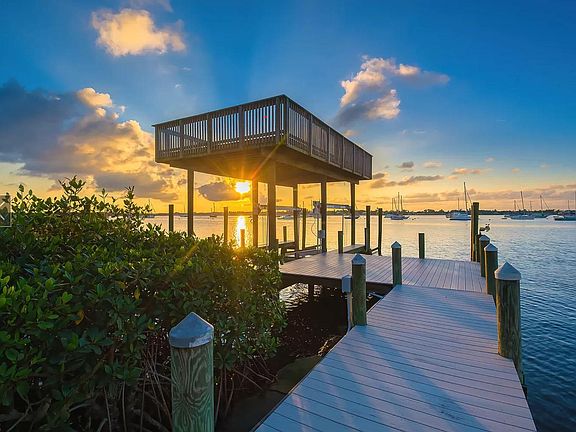 The covered dock at sunset.