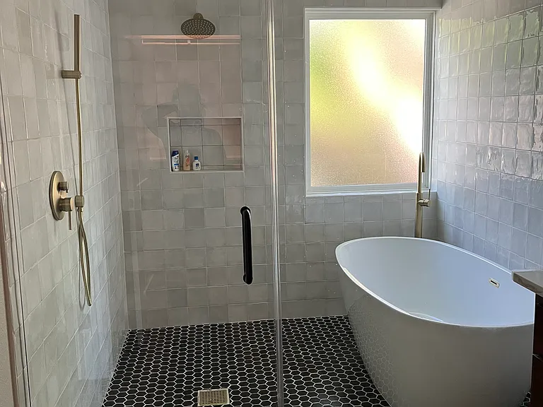 Primary Bath wet room, soaking tub and shower