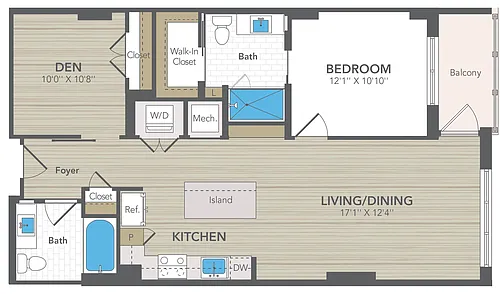 Floor plan 1 Bed 2 Bath with Den