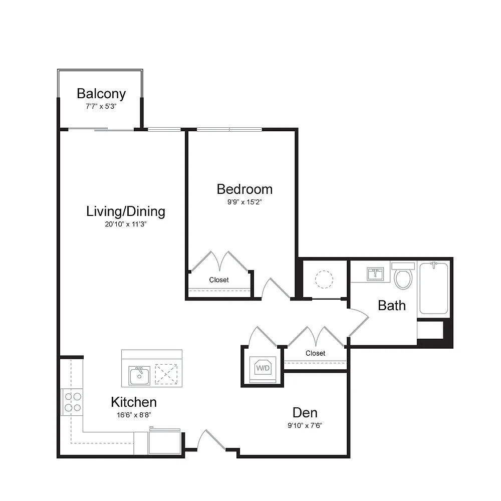 Floor plan One Bedroom/One Bath (1R-A) Den and Balcony