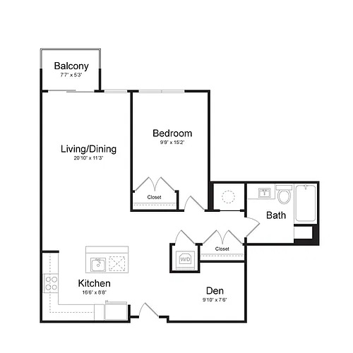 Floor plan One Bedroom/One Bath (1R-A) Den and Balcony
