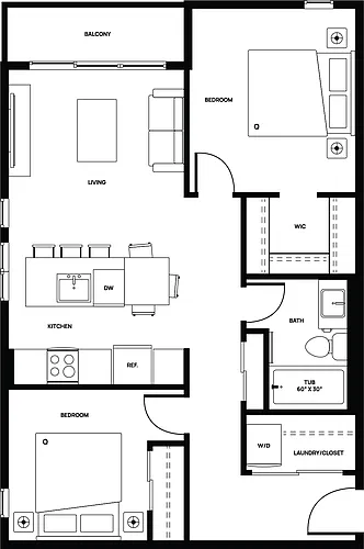 Floor plan 2 bed 1 bath 2 Bed 1 Bath