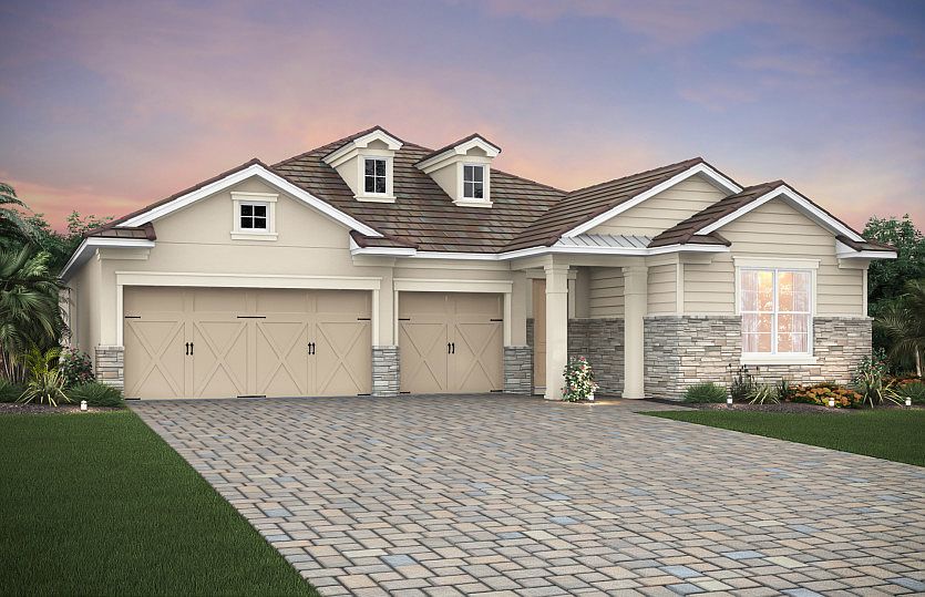 Exterior LC2B with stone detail and 3-car garage