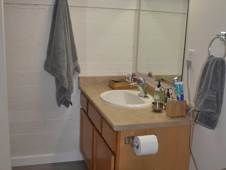 Bathroom has a bathtub-shower.