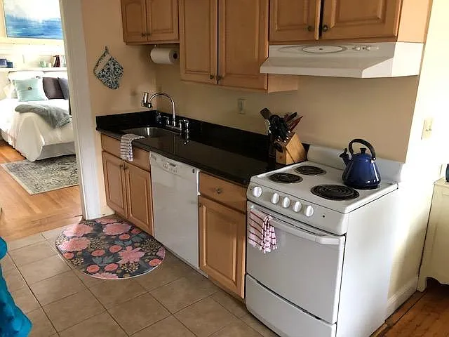Kitchen. To the left is bedroom to the right is living room.