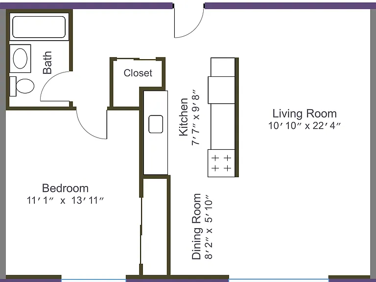 Typical 1 bedroom floor plan for 234 Moray, dimensions may vary.
