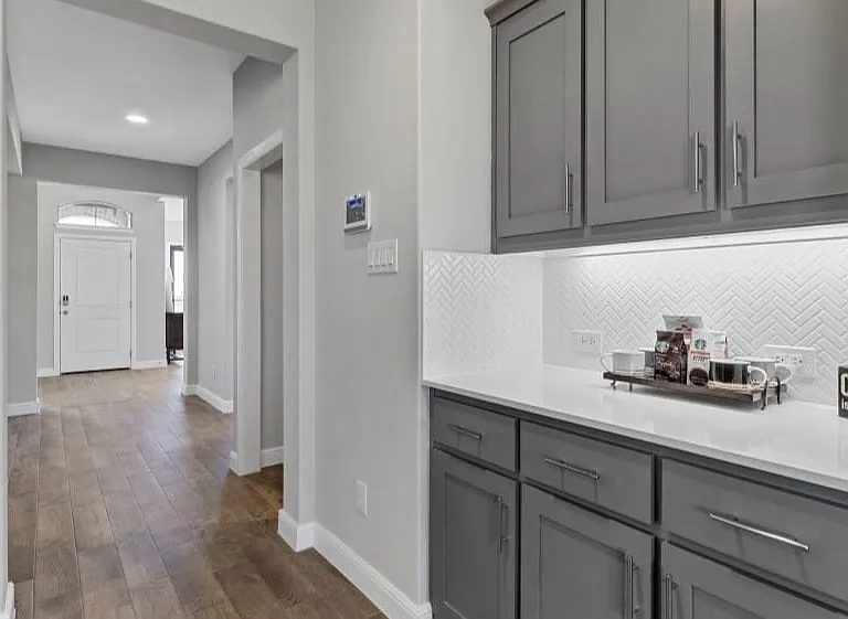 Bar featuring dark wood-type flooring, gray cabinetry, and tasteful backsplash