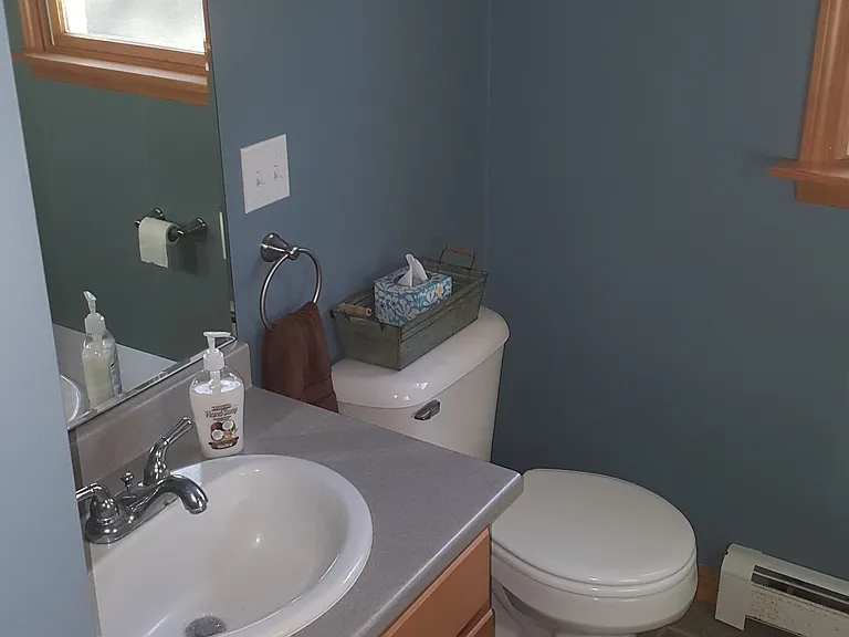 Bright, clean first_floor bathroom featuring a sink, vanity, toilet, and shower stall. Shared space kept tidy and maintained daily.