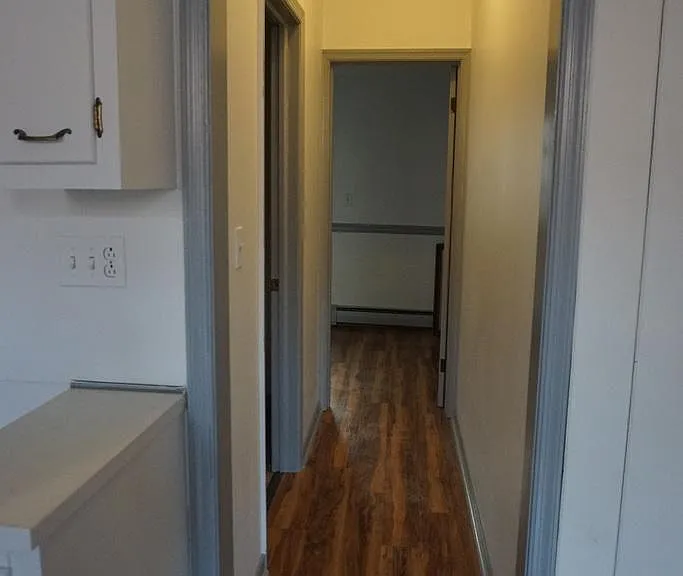 Kitchen, looking past the bathroom, and into the bedroom.