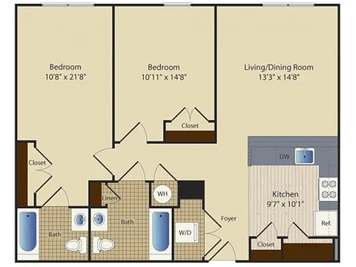 Floor plan Two Bedroom Two Bath (987 SF)