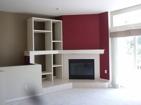 Built -in Shelving & wood burning fireplace