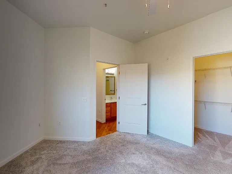 Spacious apartment bedroom with large closet, attached bathroom and plush carpet flooring.