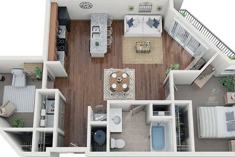 The Seattle features a smart 1-bedroom, 1-bath layout with a bonus room, walk-in closet, and private patio. This modern apartment comes with high-end finishes like granite counters and wood-style flooring, providing a cozy yet functional living space. The