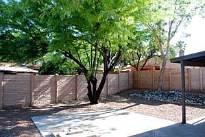 Yard with big trees gets afternoon shade.  Covered patio off MBR.