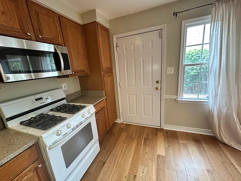 Back door looking onto quiet, green patio. We are adding a new storm door, to allow extra light/ ventilation.