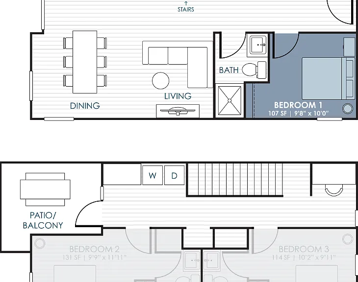 3-Bedroom CoLiving Rowhome: Bedroom 1 & Shared Bathroom Floorplan Diagram