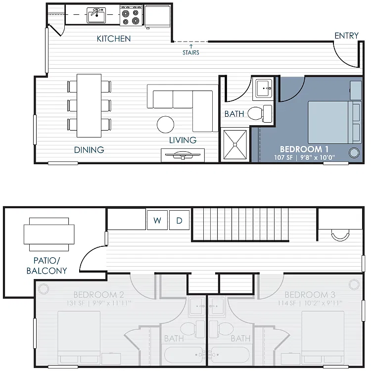 Floor plan 3-Bedroom CoLiving Rowhome: Bedroom 1 & Shared Bat