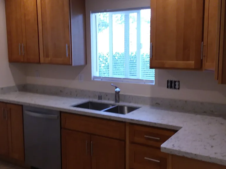 Modern kitchen with stainless appliances and craftsman cabinets with quartz countertops