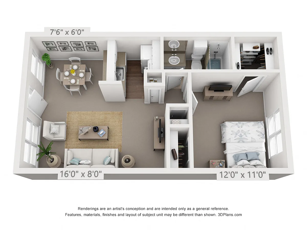 Floor plan 1 Bedroom, 1 Bath B