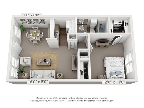 Floor plan 1 Bedroom, 1 Bath B