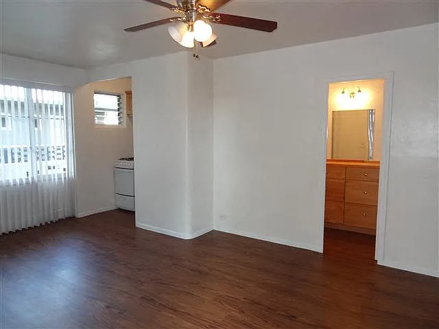 Moana Vista Studio Living Area with bathroom and ceiling fan