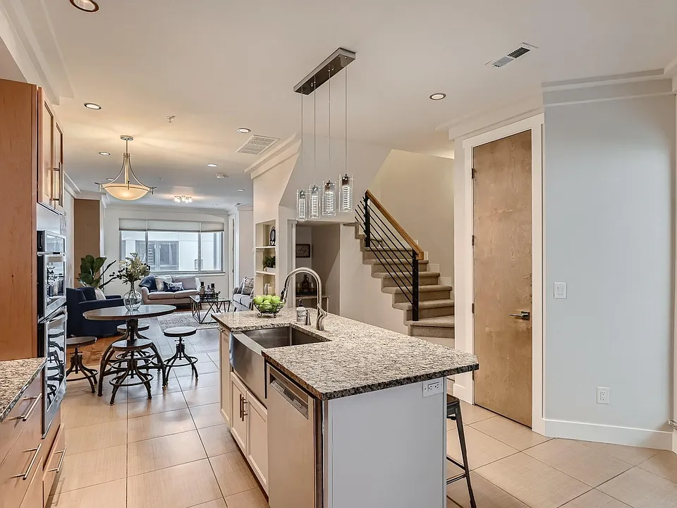 Kitchen, dining room, and living room