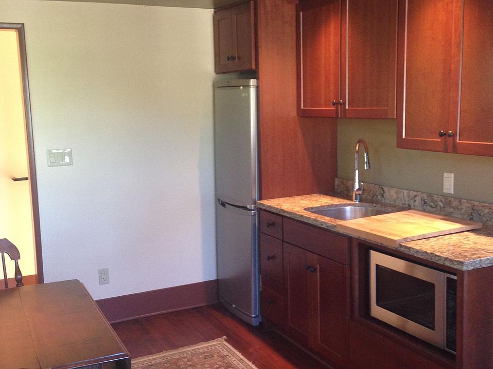 Studio kitchen with foldable dining table and chairs, sink, refrigerator, microwave oven, and portable induction cooktop burner.