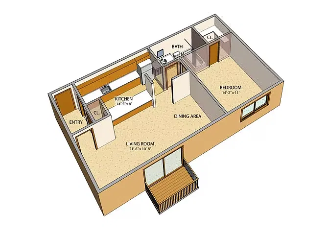 Floor plan Liberty Square-1 Bed, 1 Bath, Front
