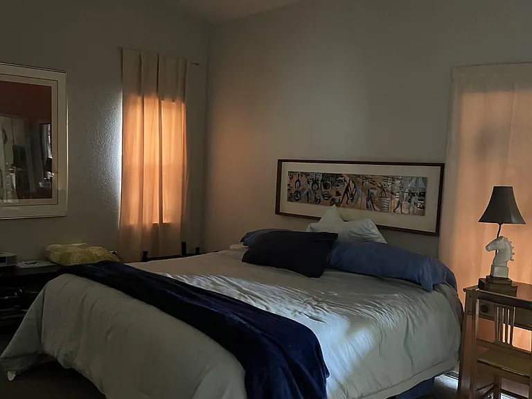 Bedroom with a large bed, ceiling fan, and two windows with curtains, plus nightstand lighting for comfortable use.