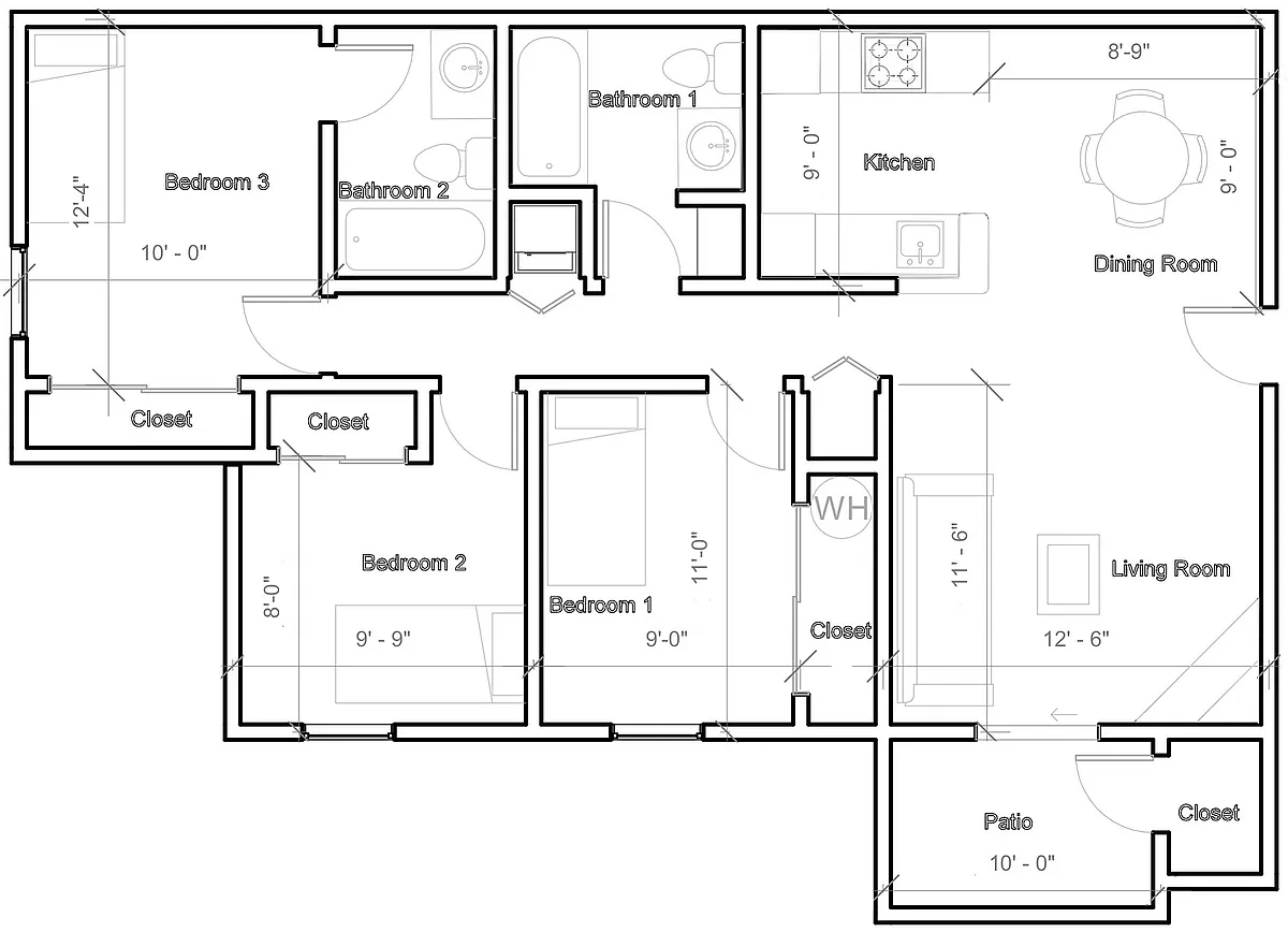 Floor plan 3 Bedroom Flat with washer dryer