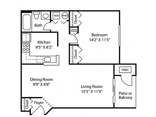 Floor plan One Bedroom One Bath (709 SF)