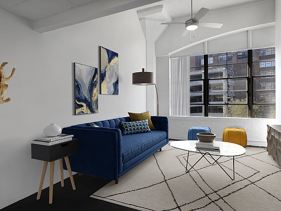 Factory Windows Living Room Blue Couch