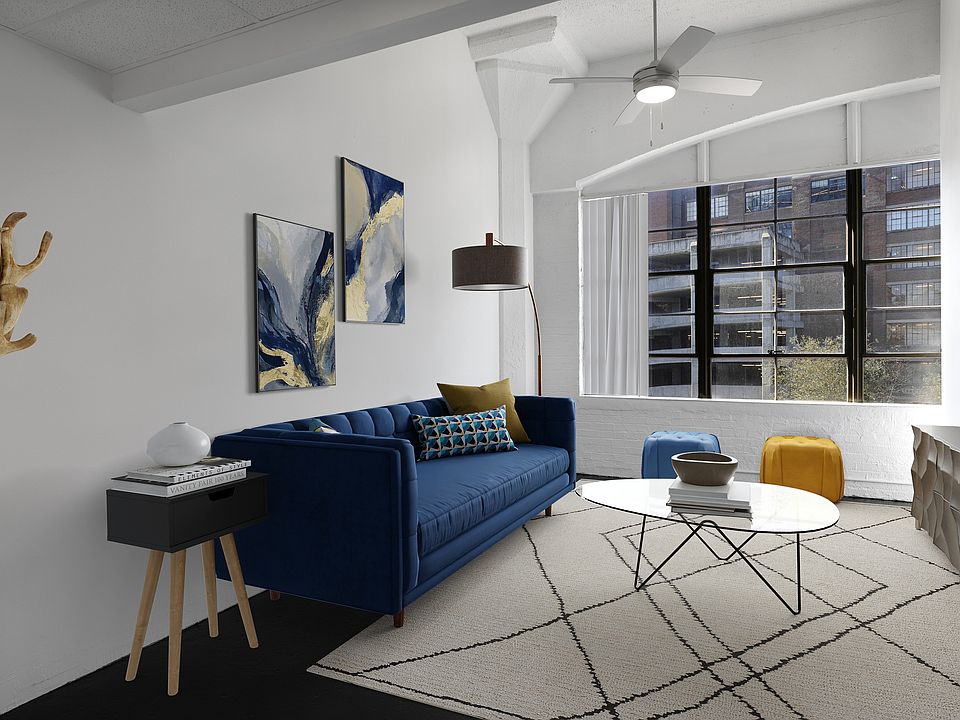 Factory Windows Living Room Blue Couch