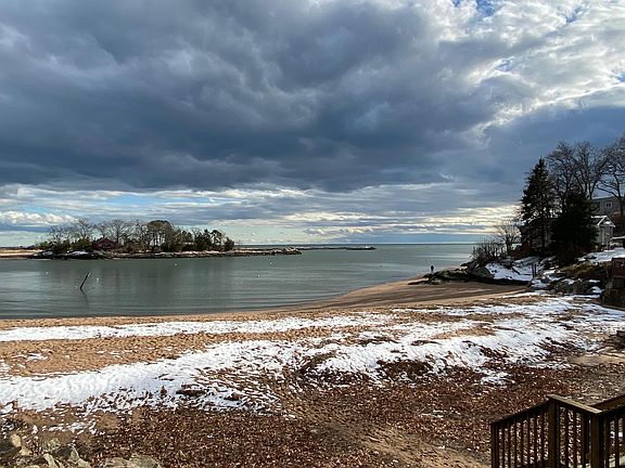 Stairs to beach. View of Long Island sound, Kelsey island and Farm river.