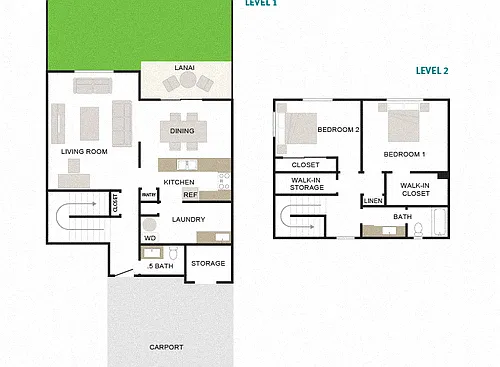 Floor plan Mahana 2/1.5 1267sf Townhome