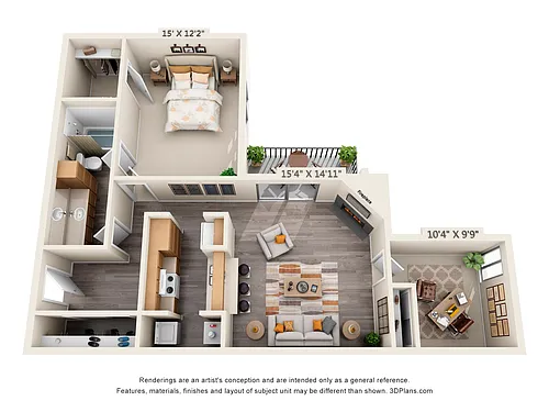 Floor plan 1 Bedroom, 1 Bath w/Flex Space