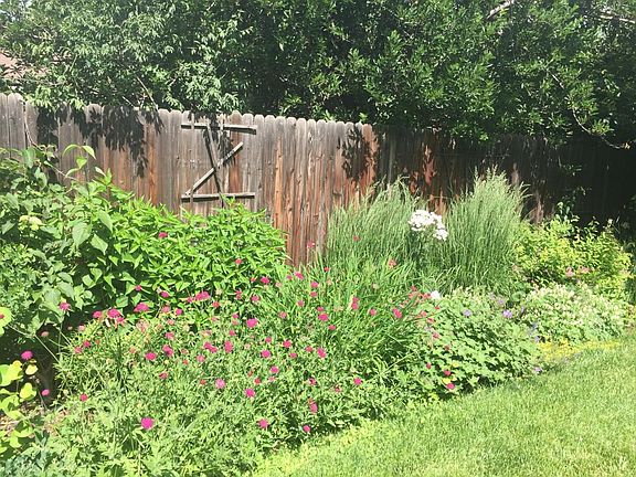 Mature garden includes fresh herbs, flowers, and raised beds