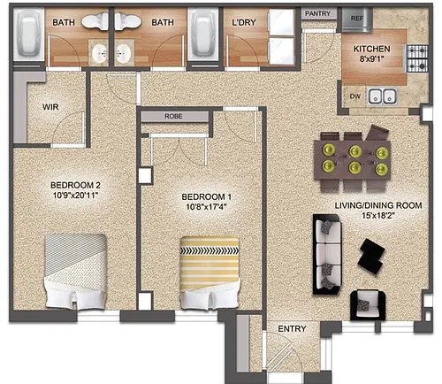 Floor plan 2 Bedroom, Market, Pine Floorplan
