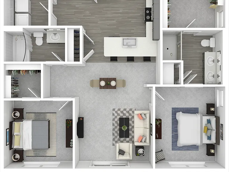 The Maple is a two-bedroom, two-bathroom floor plan featuring 1,108 sq. ft. of livable space, a full-size washer and dryer, and private bedrooms located on opposite sides of the apartment for maximum privacy. The Maple is a two-bedroom, two-bathroom floor