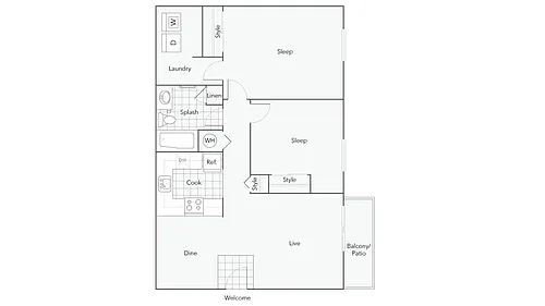 Floor plan 2 Bed 1 Bath Washer Dryer B