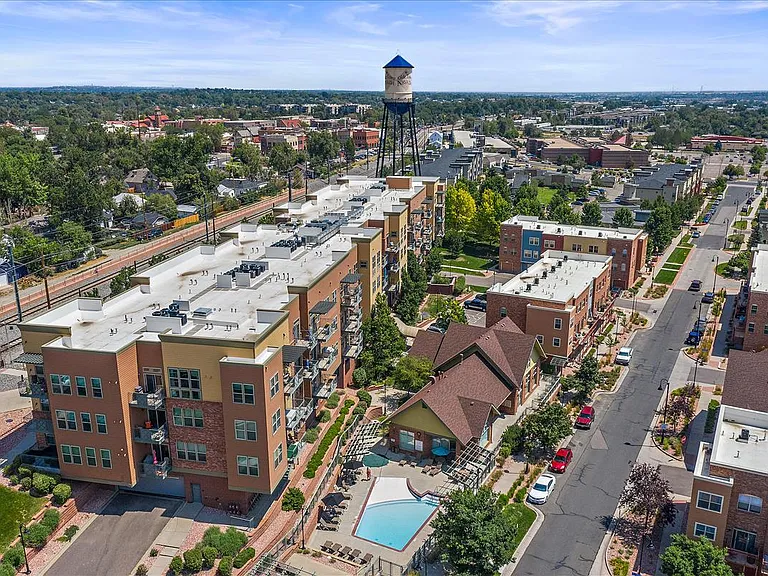 Sky view of the Clubhouse, Pool and Lofts at Water Tower Village
