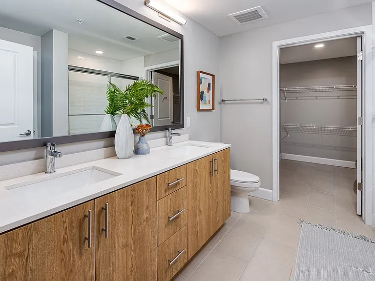 Dual vanity bathroom with quartz countertop and spacious, walk-in closet