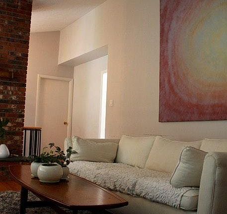 living room, brick fireplace