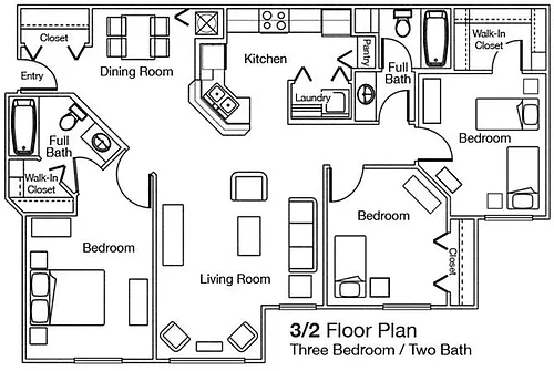 Floor plan Three Bedroom Two Bathroom 60%
