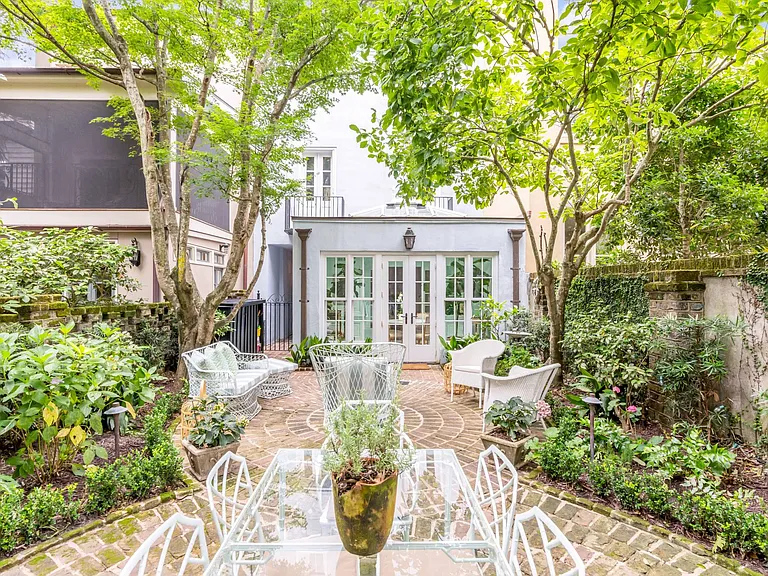 View of garden from outdoor dinning table.