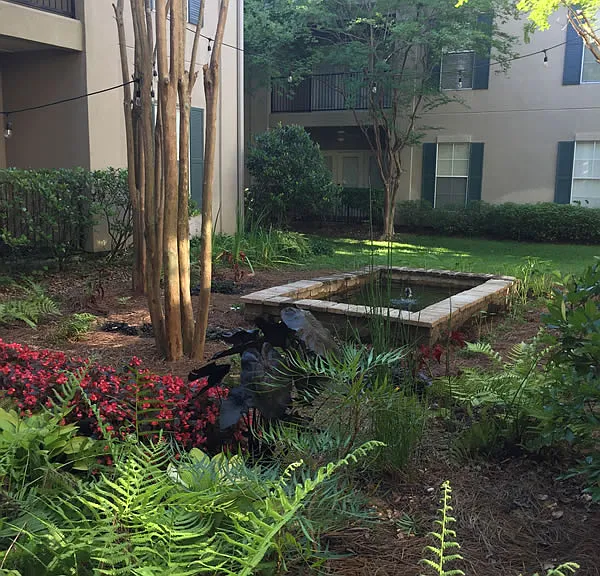 Courtyard features a coy pond.