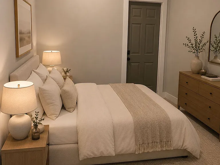 Here is a mockup of the bedroom setup, created using AI-generated design software to help showcase the space's potential and layout. Unit comes unfurnished.