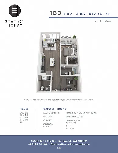 Floor plan 1 Bedroom + Den - A2
